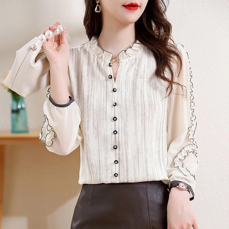 Elegant Acetate Jacquard Top with Ruffle Collar