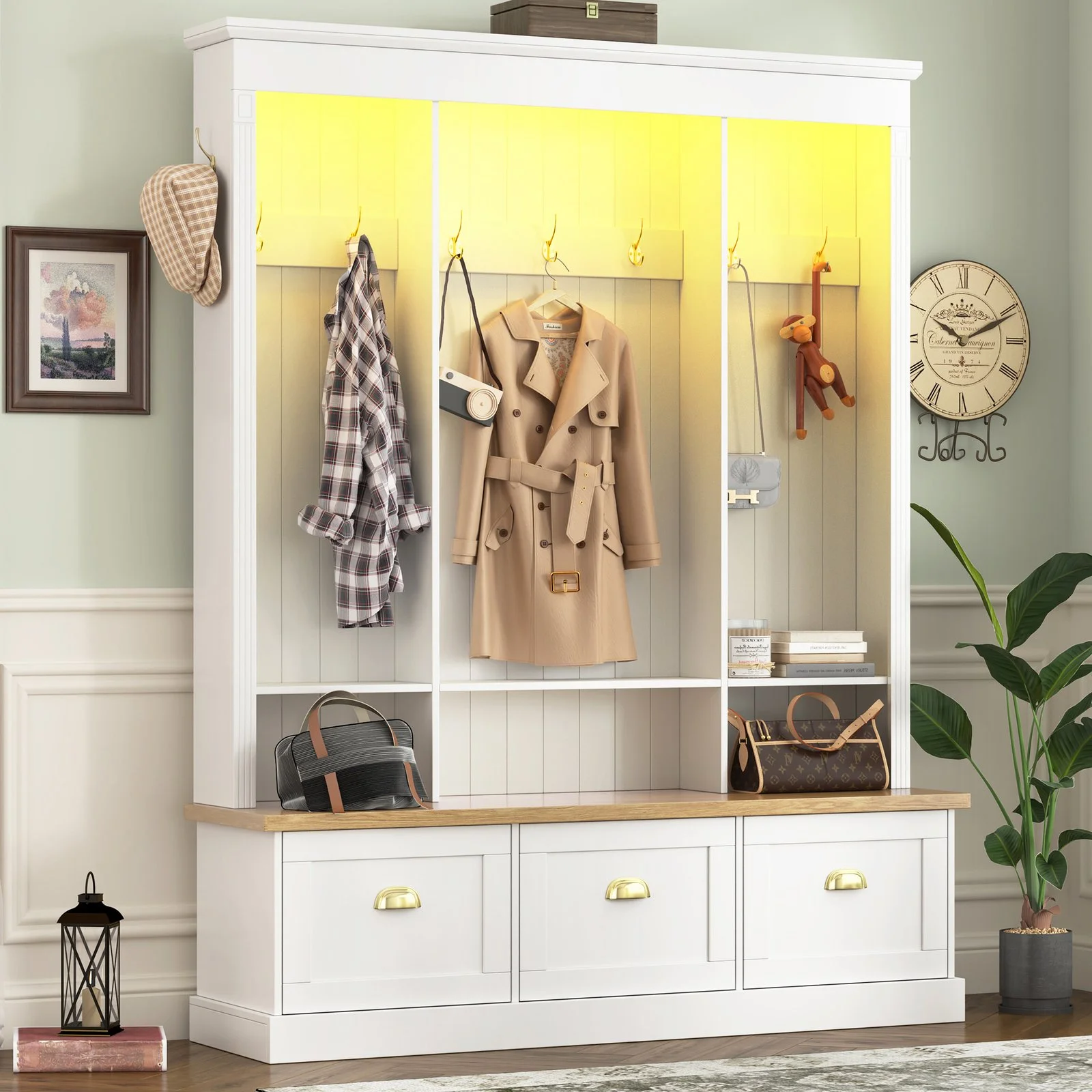 Elegant App Controlled Led Light Hall Tree with 9 Hooks, Roman Column Design Natural Storage Bench with 3 Larg