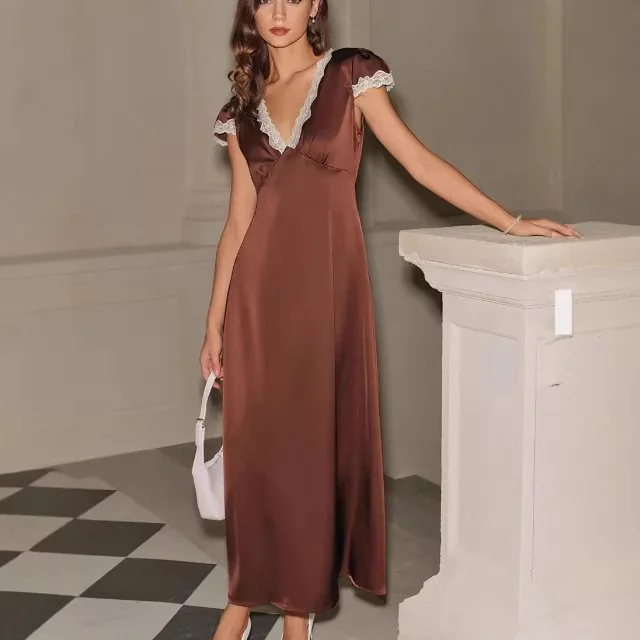 Elegant Coffee Brown V-neck Lace Dress for Women