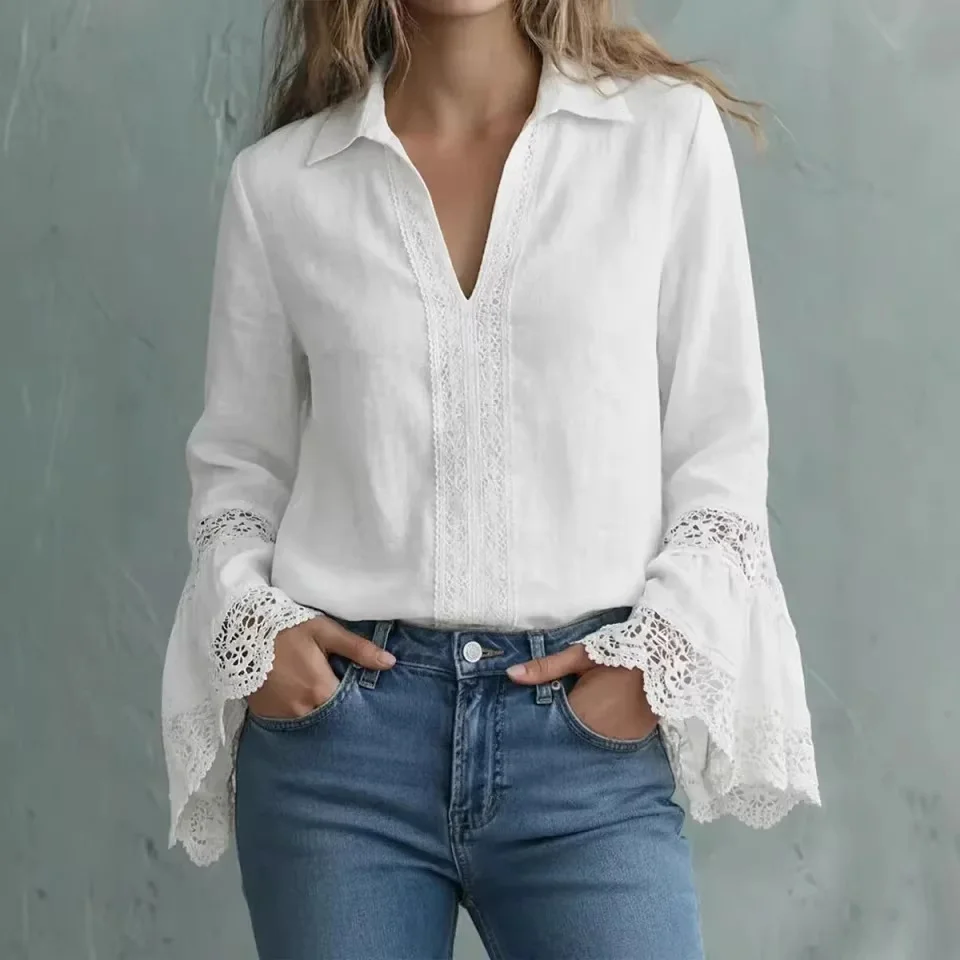 Elegant Cotton Blouse With Lace Trim And A Pullover Design
