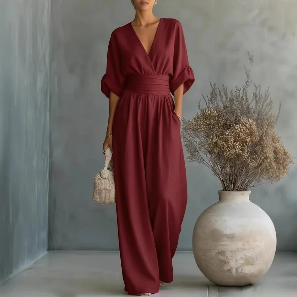 Elegant Deep V Neck Waist Wrap Sleeve Wide Leg Floor Length Jumpsuit