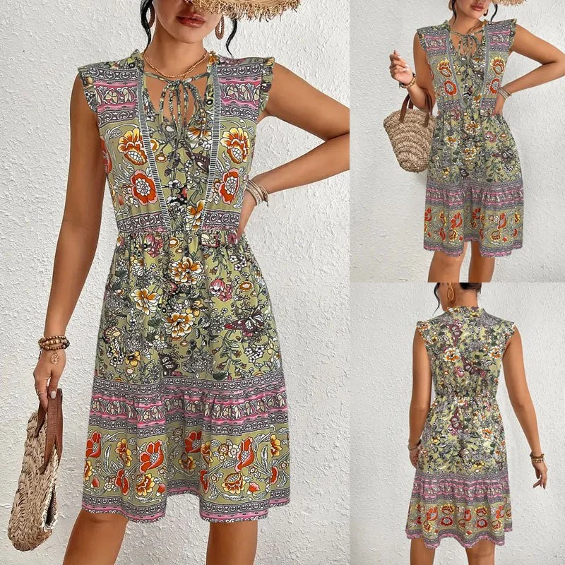 Elegant Floral Print Midi Dress with Flared Sleeves