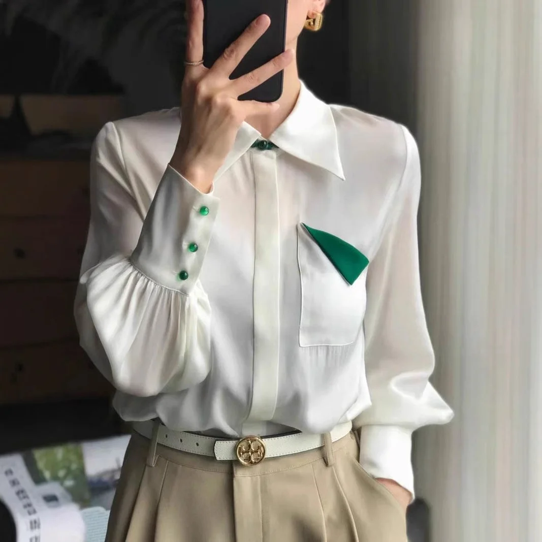 Elegant Jade Buckle Silk Shirt