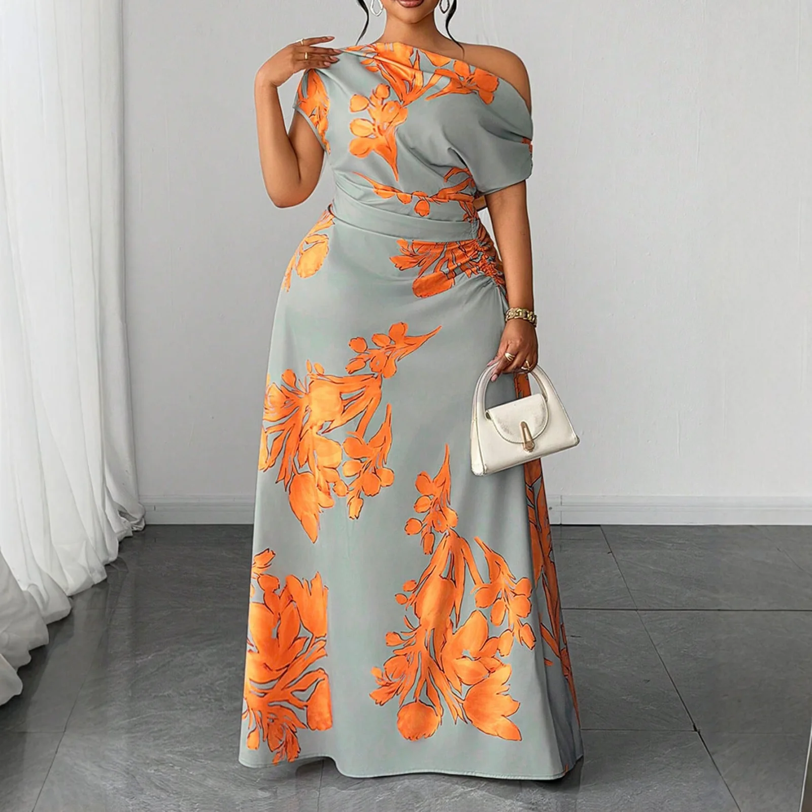Elegant Off-shoulder Printed Waist-cinching Resort Dress