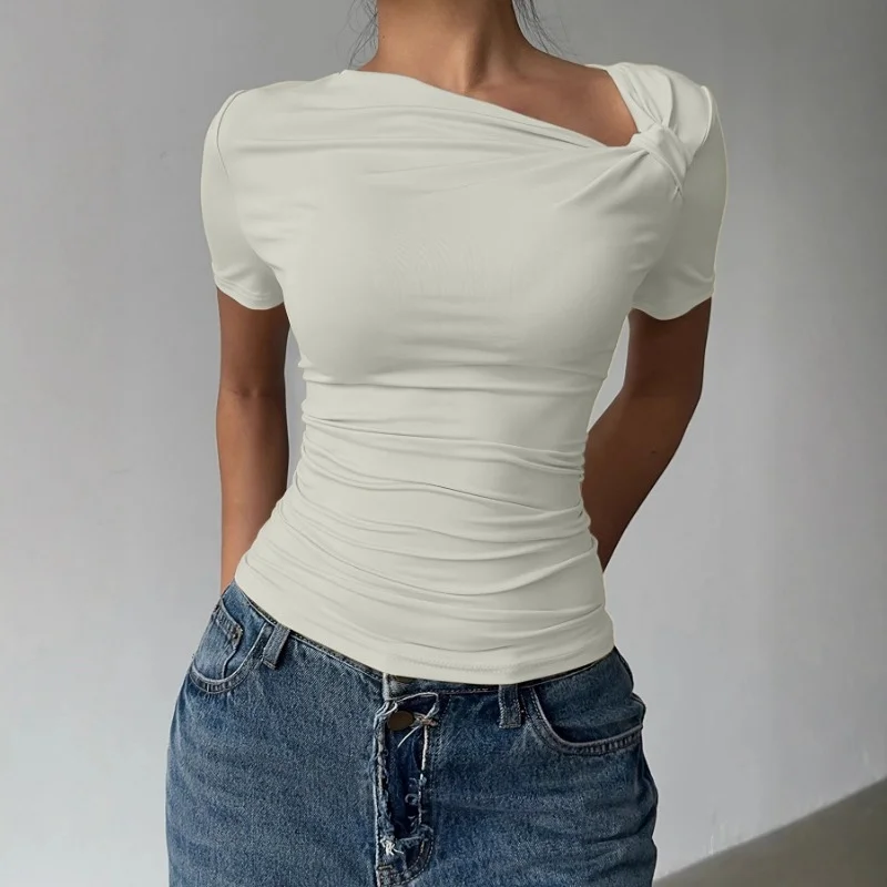 Elegant Off-Shoulder Short-Sleeve Top – Slim Fit, Hollow-Out Detail