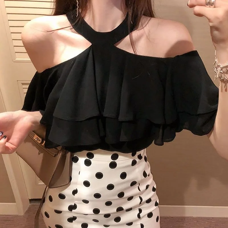 Elegant Ruffled Off‑Shoulder Halter Top – Summer Chic