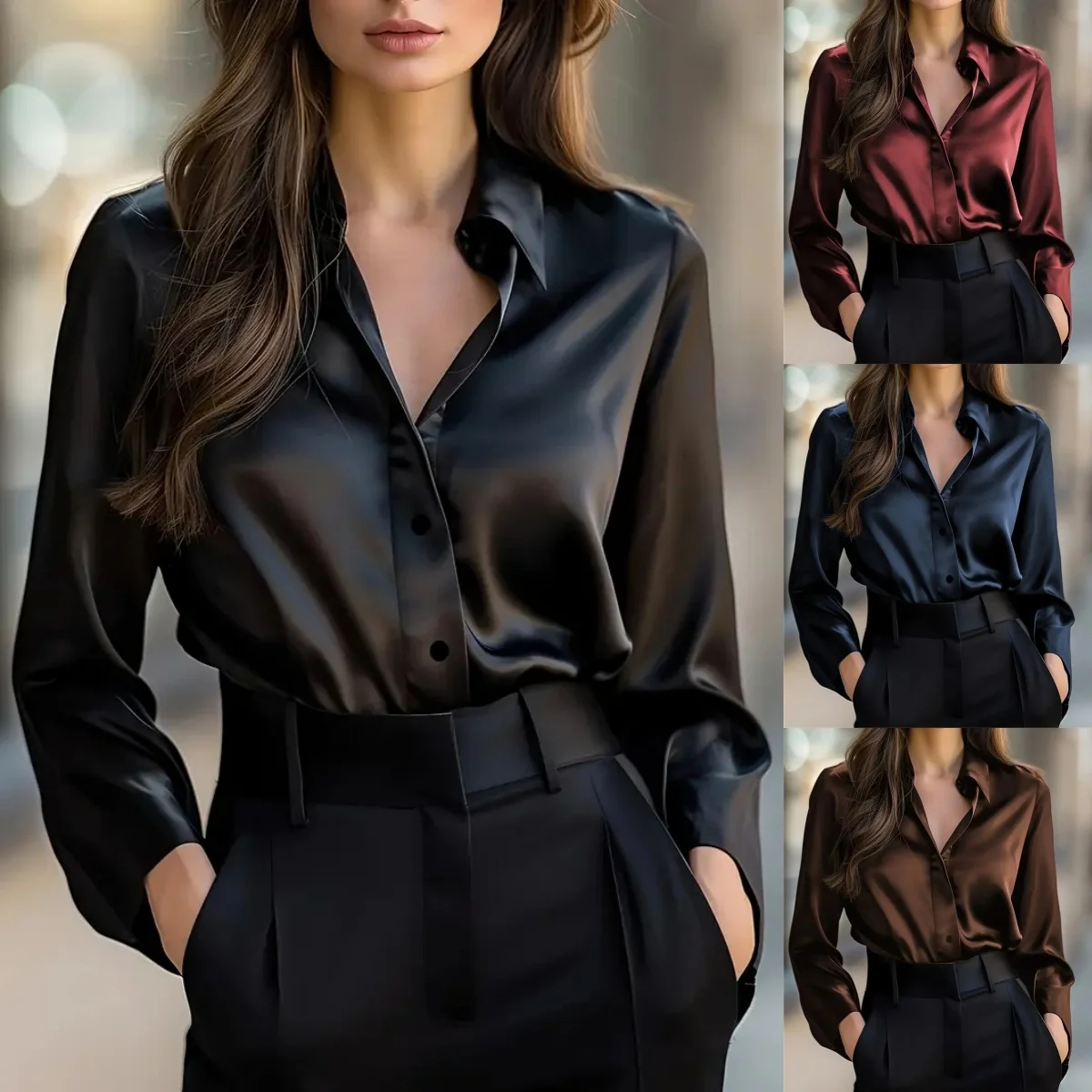 Elegant Satin Long Sleeve Blouse For Women Button-Up Collar Shirt Perfect For Casual Professional Business Wor