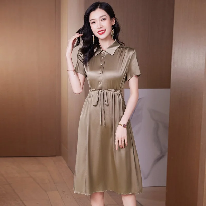 Elegant Silk Mid-Length A-Line Dress with Cinched Waist