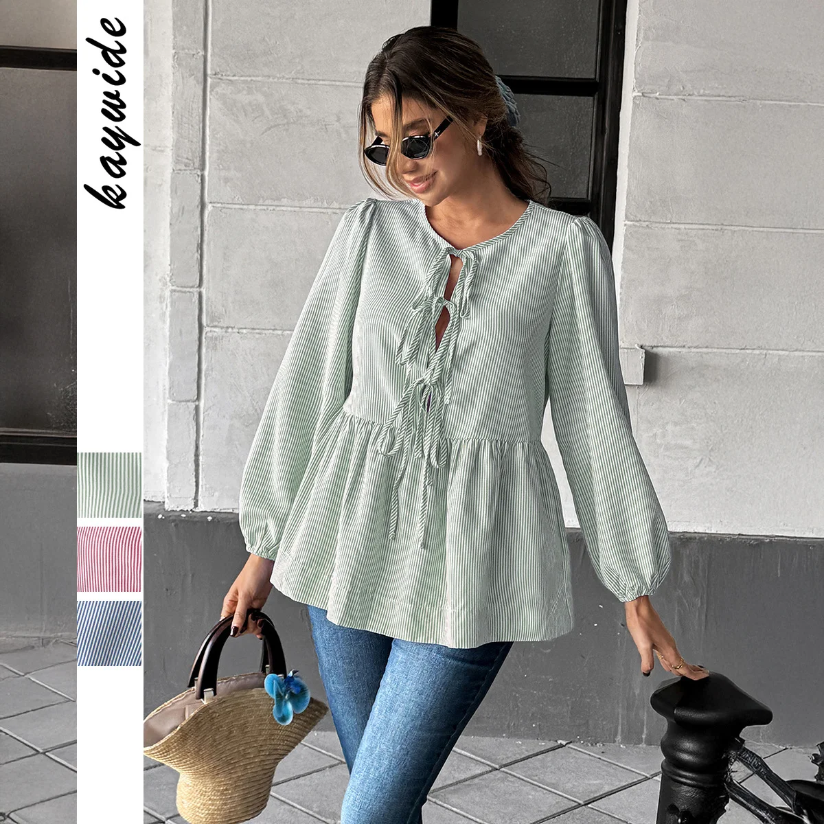 Elegant Striped Long Sleeve Tied T-shirt Shirt Women's Clothing
