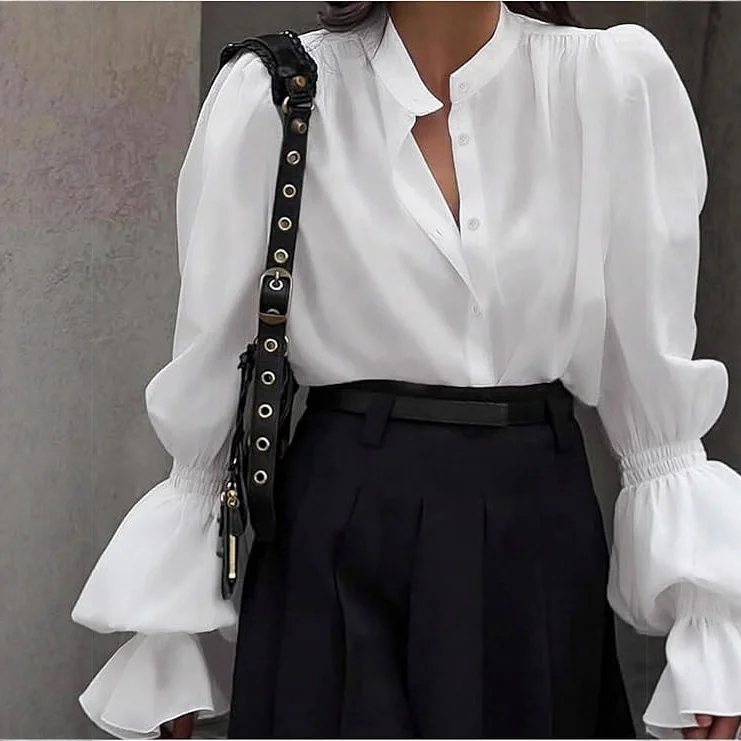 Elegant Temperament Commuter Lantern Sleeve Round Neck Single-breasted Shirt