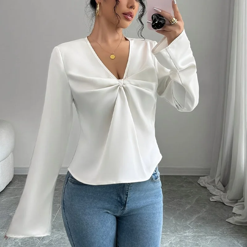 Elegant V-Neck Ruffled Flared Sleeve Blouse for Women