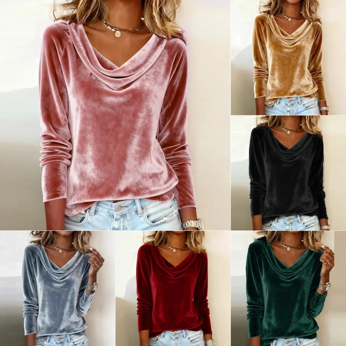 Elegant Velvet Long Sleeve Shirts For Women Fall Spring Solid Color Loose Women Blouses Fashion Pullover Tops