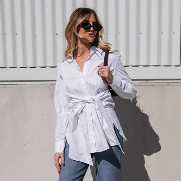 Elegant White Lace-up Waist Trimming Fashion Lapel Cotton Women's Shirt