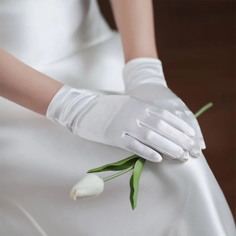 Elegant White Satin Gloves with Lace and Pearl Details
