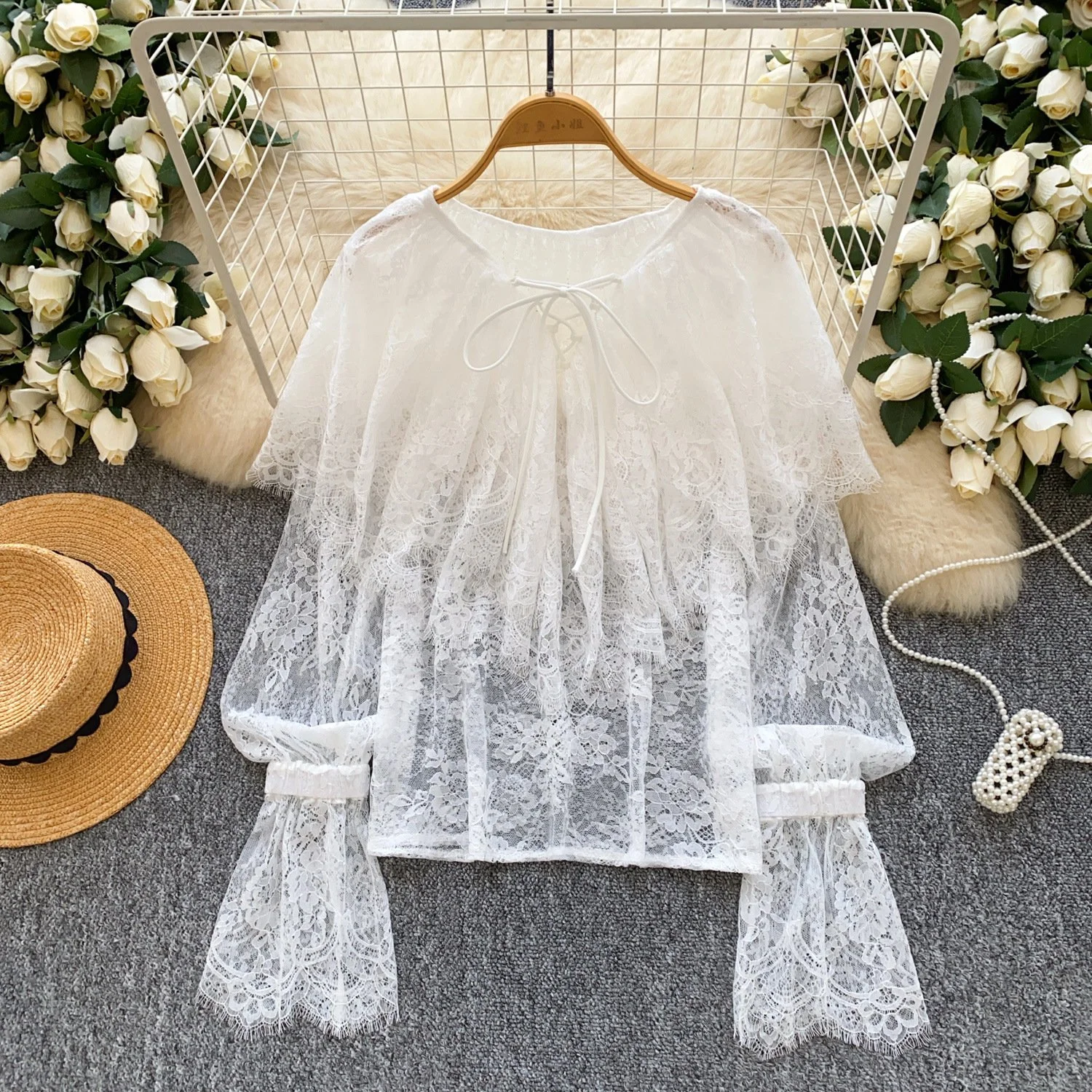 Elegant Workwear Lace Blouse with Ruffled Hem
