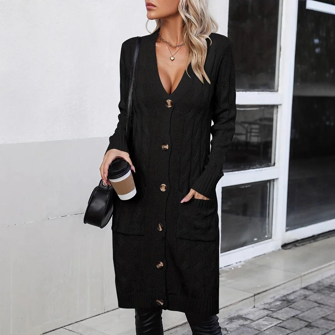 European and American Fashion Outerwear Cardigan Sweater Women's Mid-length Casual V-neck Coat