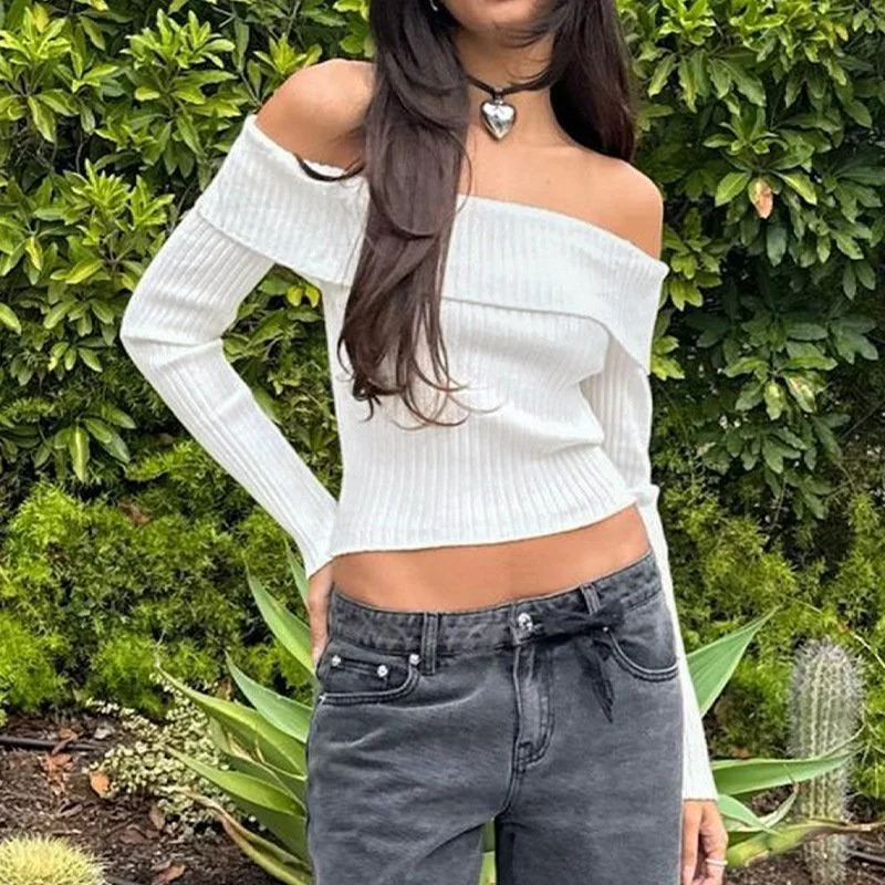 European and American Fashion Short Knitwear Long Sleeve Off-the-shoulder Off-the-neck Pullover Sweater