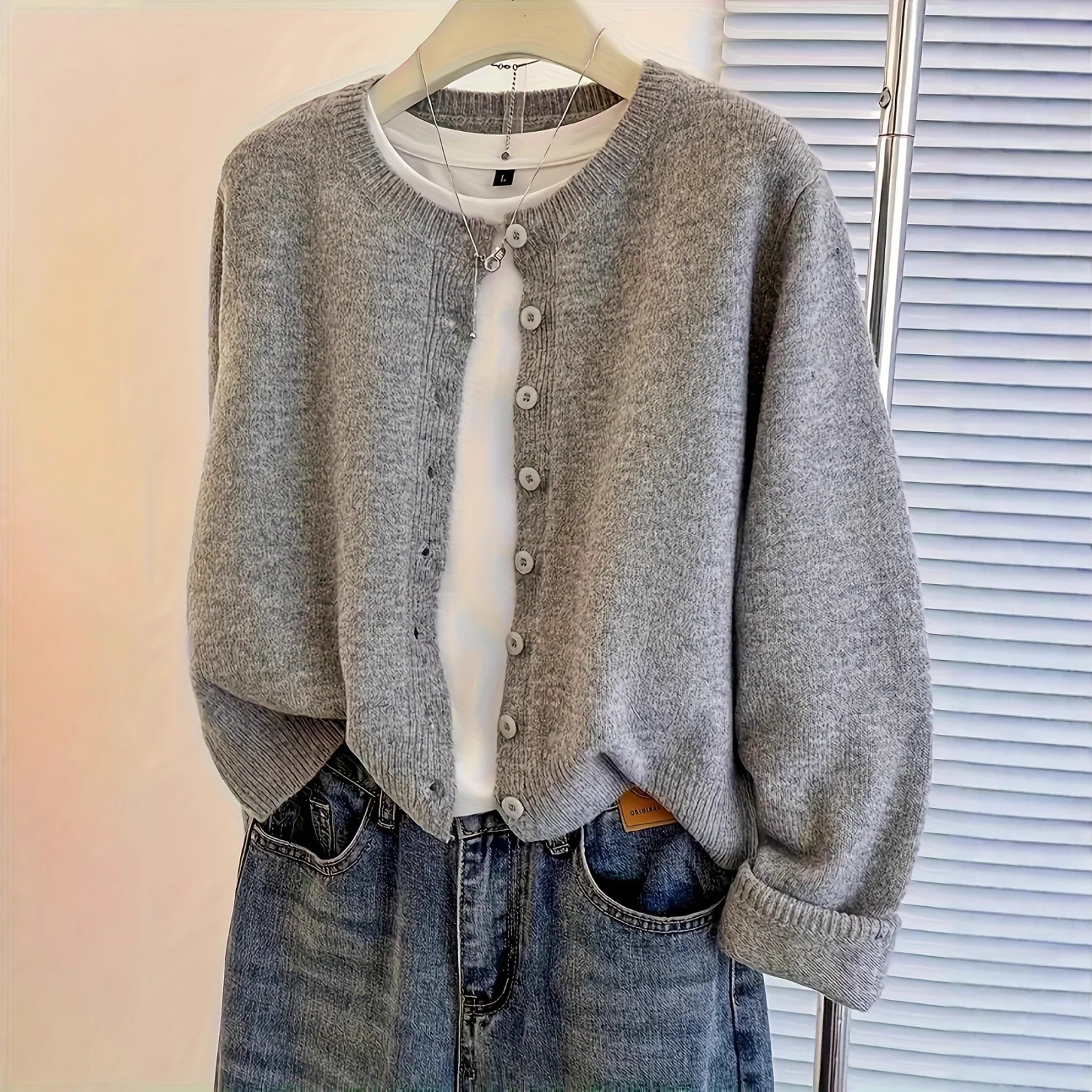 European and American Fashionable Knitted Cardigan Casual Versatile Loose Crew Neck Top
