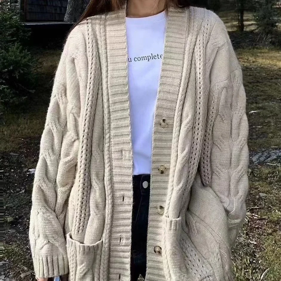 European and American Solid Color Cable-knit Sweater Knitted Cardigan Jacket