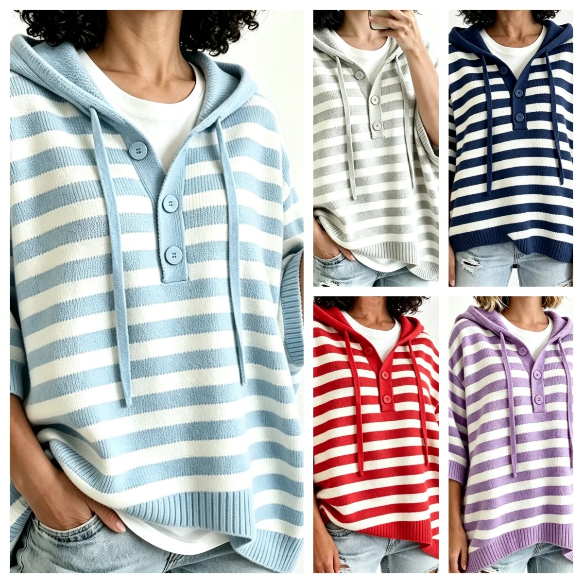 European and American Spring Autumn Striped Hooded Knit Sweater Women's Loose Medium Sleeve Drawstring Hoodie
