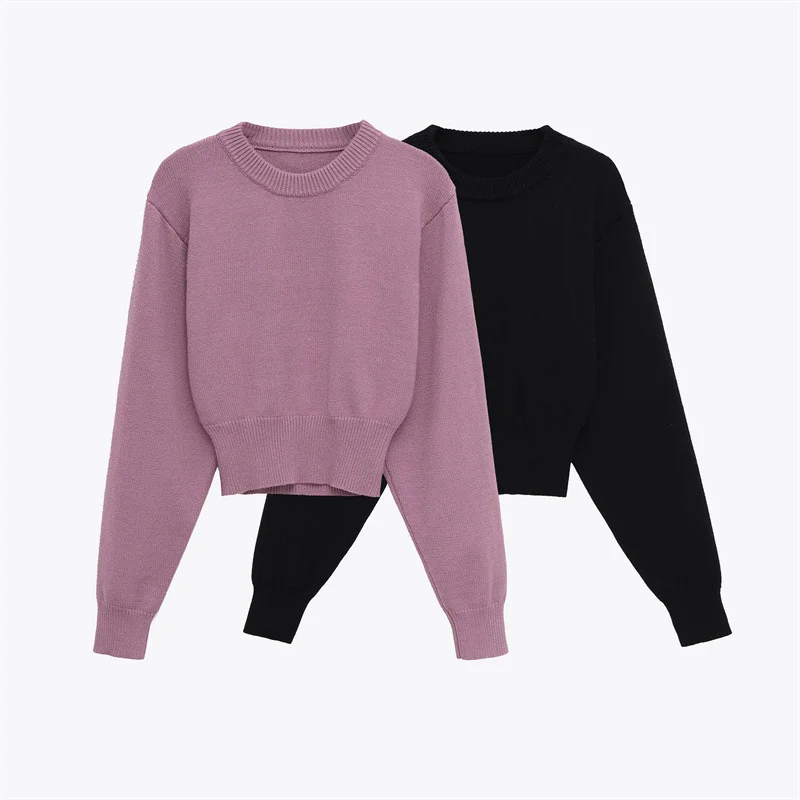 European and American Style Fashionable Round-neck Long-sleeve Plain Knit Sweater