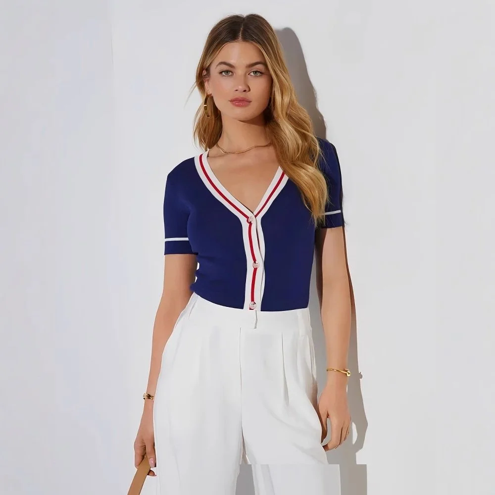European and American Women's Clothing Slim Fit All-match V-collar Contrast Color Knitted Cardigan