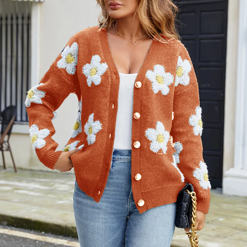 European and American Women's Clothing Three-dimensional Flower V-neck Knitted Cardigan Sweater Coat