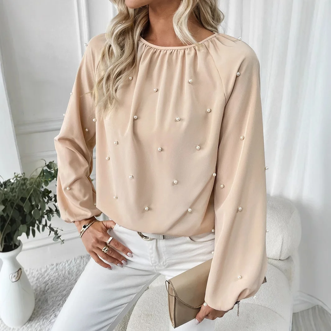 European And American Women's Round-neck Beaded Lantern Sleeve Shirt