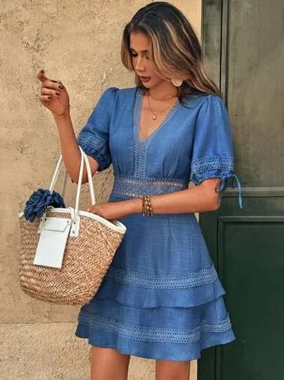 European and Cross-border 2026 New Summer Women's Fashion Elegant and Stylish Waist-cinching Slimming Lace Dre