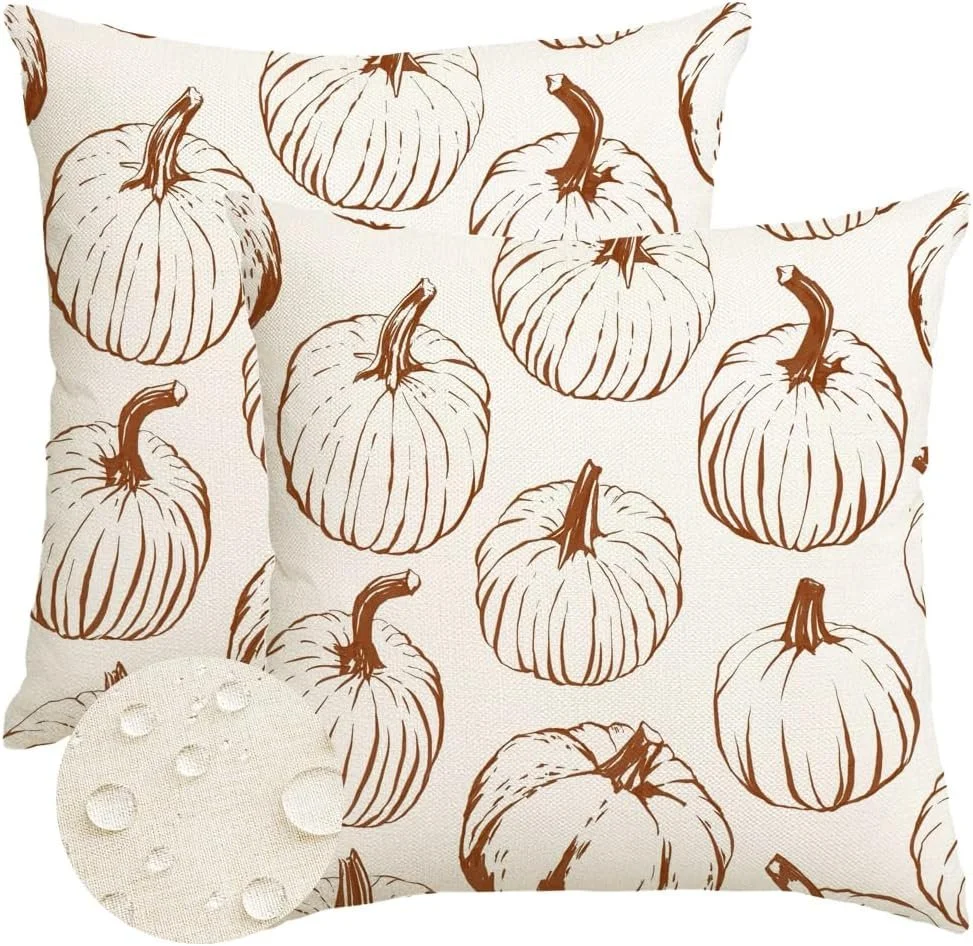 Fall Outdoor Pillow Covers 2 Pcs, 16x16 Inch Waterproof Orange Pumpkin Cushion Cases for Couch, Patio, Porch a