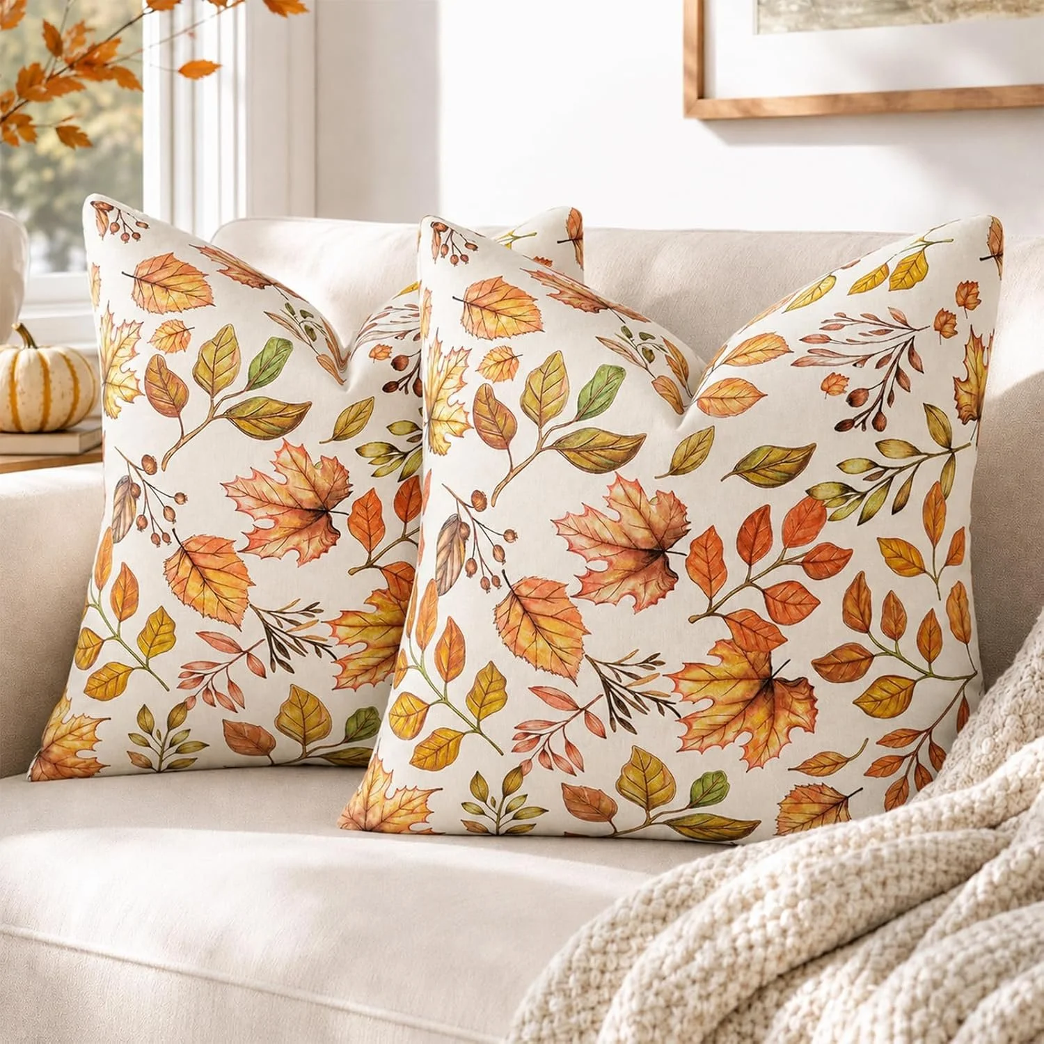 Fall Pillow Covers 2 Pack, 20x20 Inch Maple Leaf Cotton Cushion Cases for Sofa, Couch, Bed and Autumn Home Dec