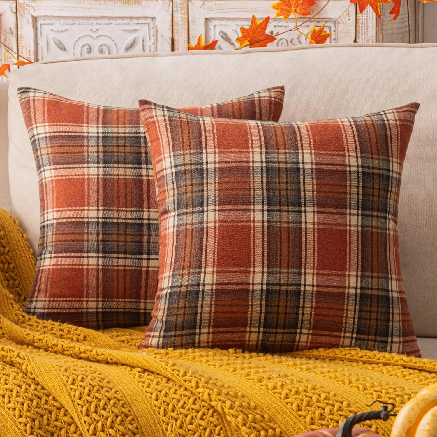 Fall Plaid Orange Throw Pillow Covers 2 Units, 24x24 Inch Decorative Cushion Cases for Sofa, Couch, Bed and Ho