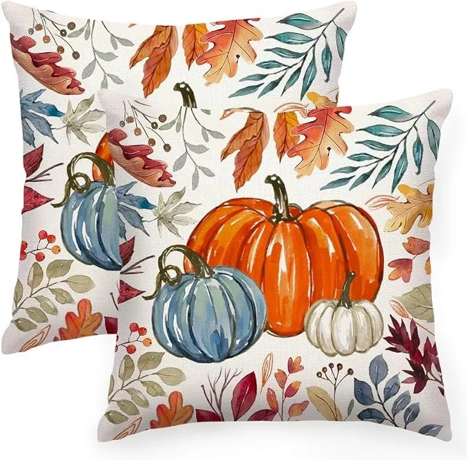 Fall Pumpkin Pillow Covers 2 Units, 18x18 Inch Maple Leaf Decorative Cushion Cases for Sofa, Couch, Bed and Ho