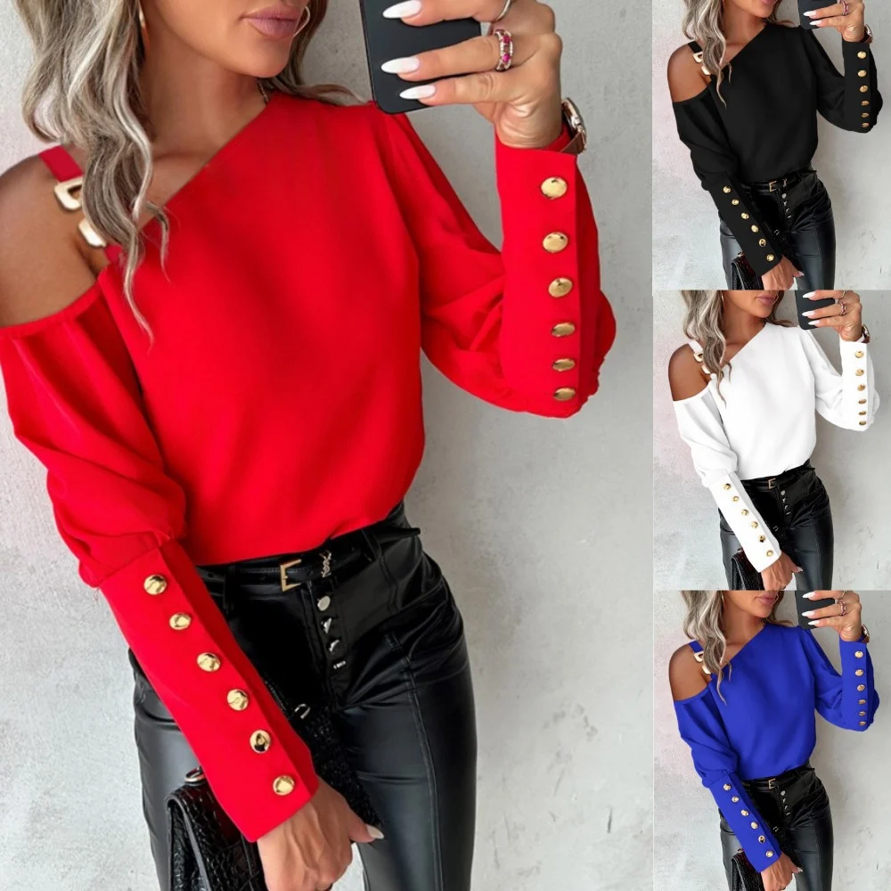 Fashion Lantern Sleeve Button Splicing Shirt Women Elegant Office Commuter O Neck Blouse Female Fall Spring Da