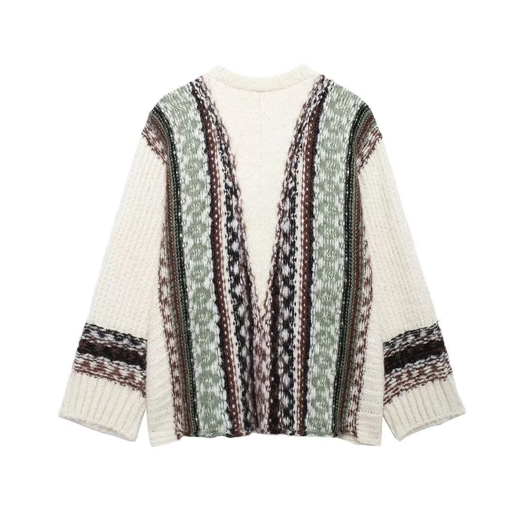 Fashion V-neck Sweater Jacquard Loose-fitting Coat