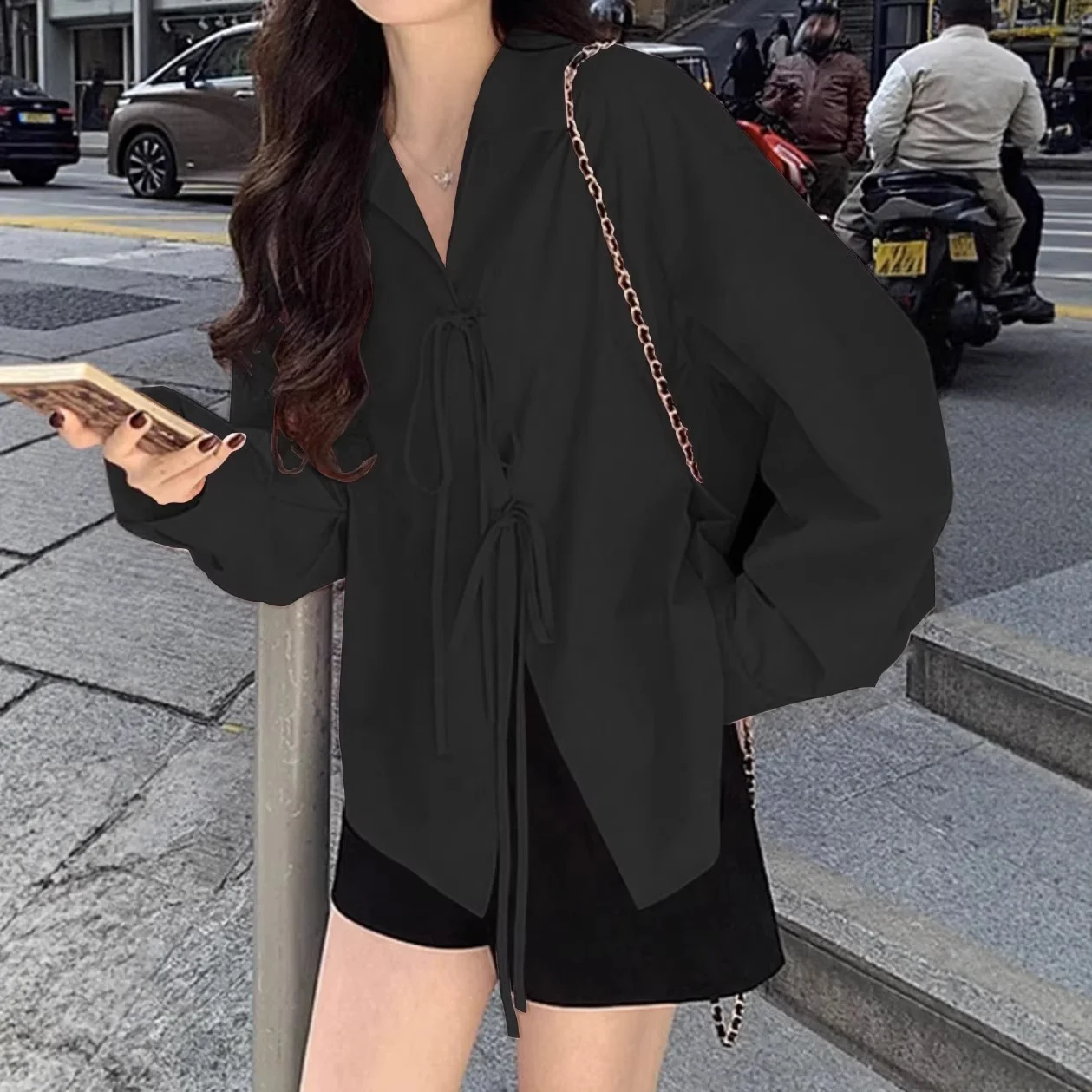 Fashionable Elegant Lace-up Long-sleeve Womens Top