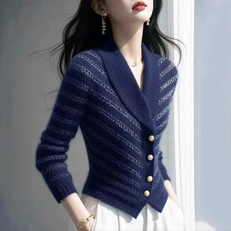 Fashionable Striped Knitted Cardigan Sweater Coat