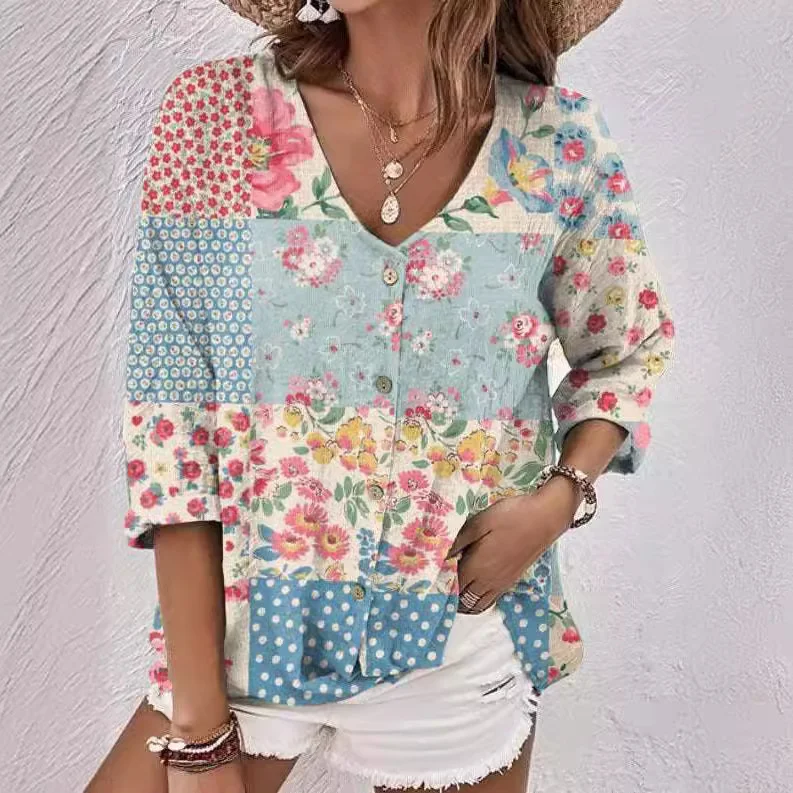 Female Oil Painting Printed V-neck Short Sleeved Shirt
