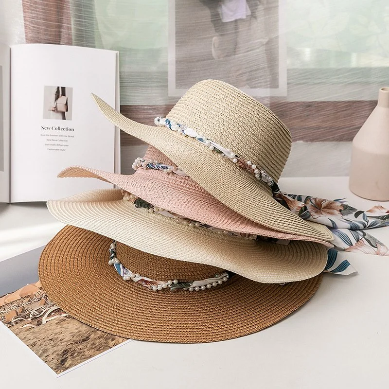 Floral Broad-Brimmed Straw Sun Hat with Silk Scarf