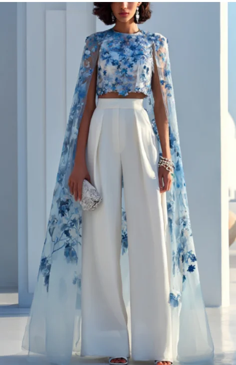 Floral Print Cape-Back Crop Top-One-Piece Elegant Sheer Overlay Blouse