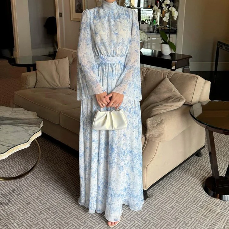 Floral Print High Neck Long Sleeve Maxi Dress
