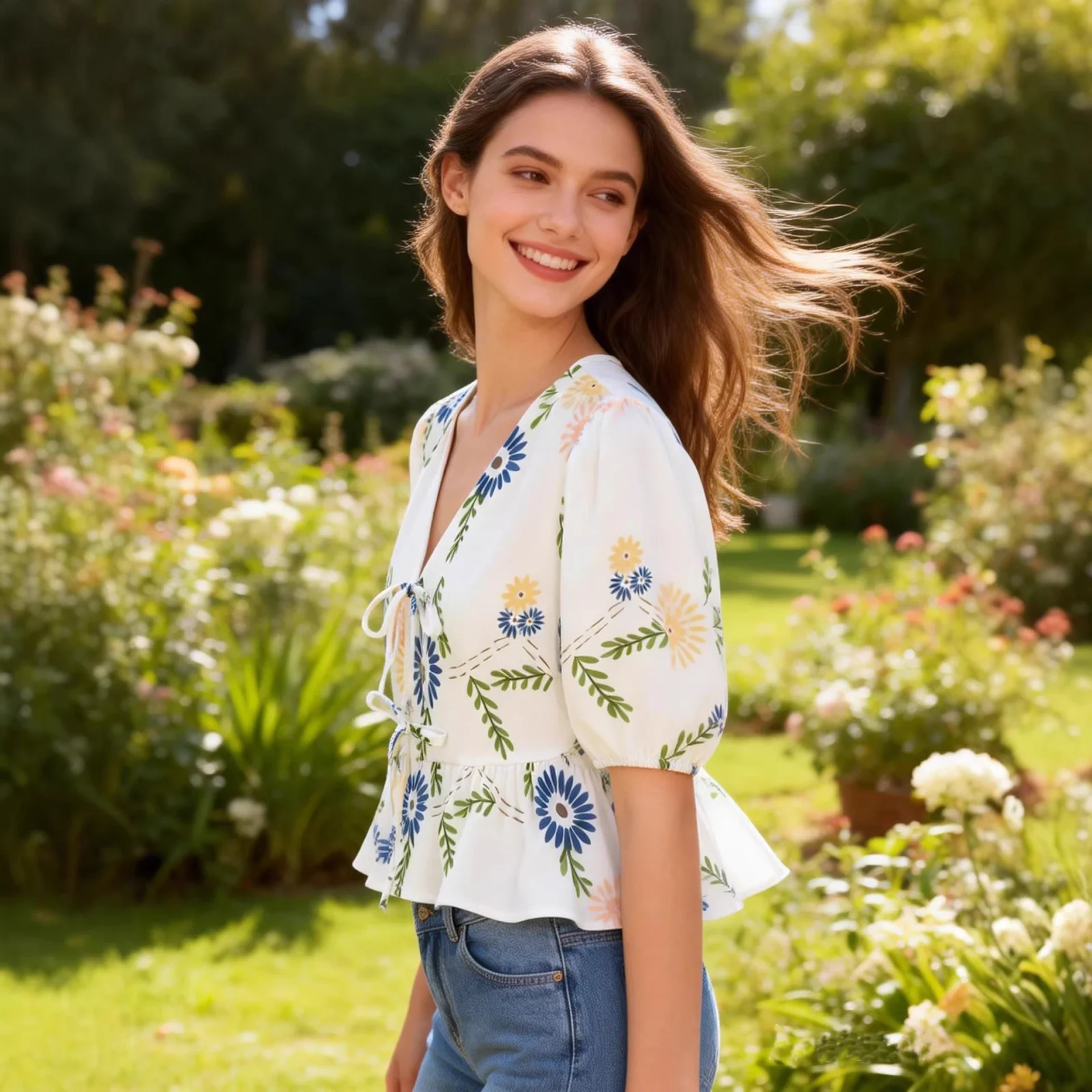 Floral V-neck Drawstring Ruffled Hem Top