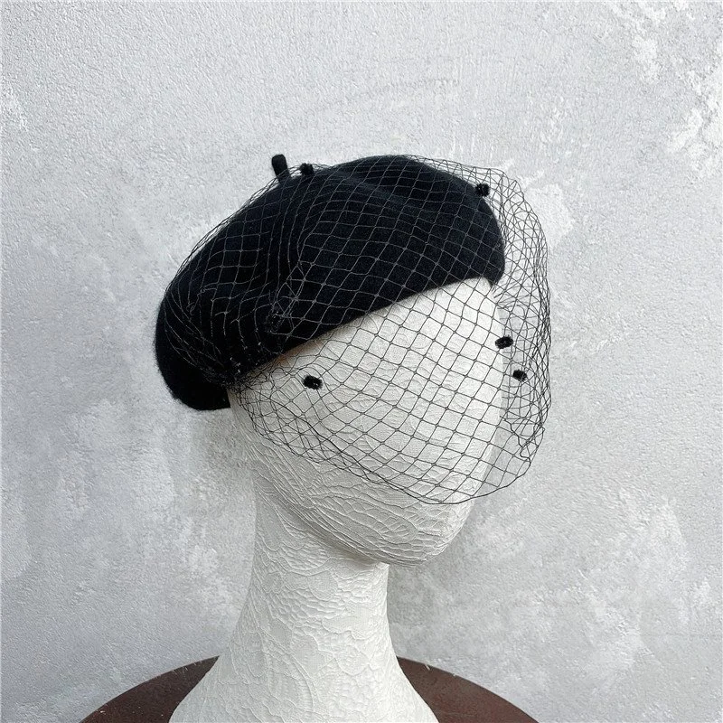 French Mesh Veil Wool Beret Pom Pom Cap