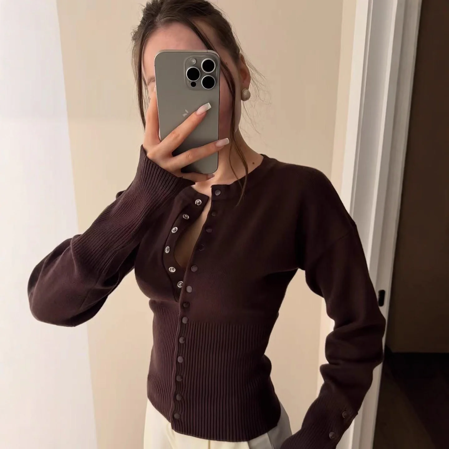 French‑Style Slim‑Fit Knit Cardigan – Cozy Crew Neck Top
