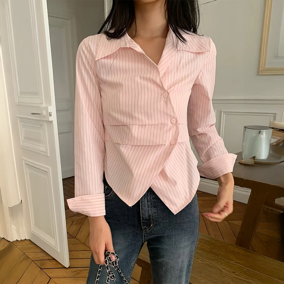 French-style Sweet-and-cool Design Waist-cinching Striped Blouse