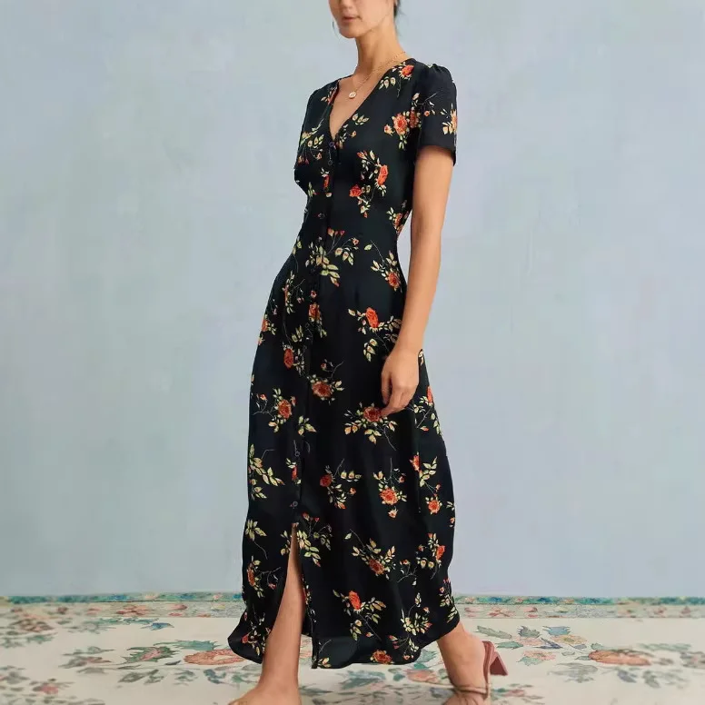 French-style Vintage V-neck Floral Dress for Women