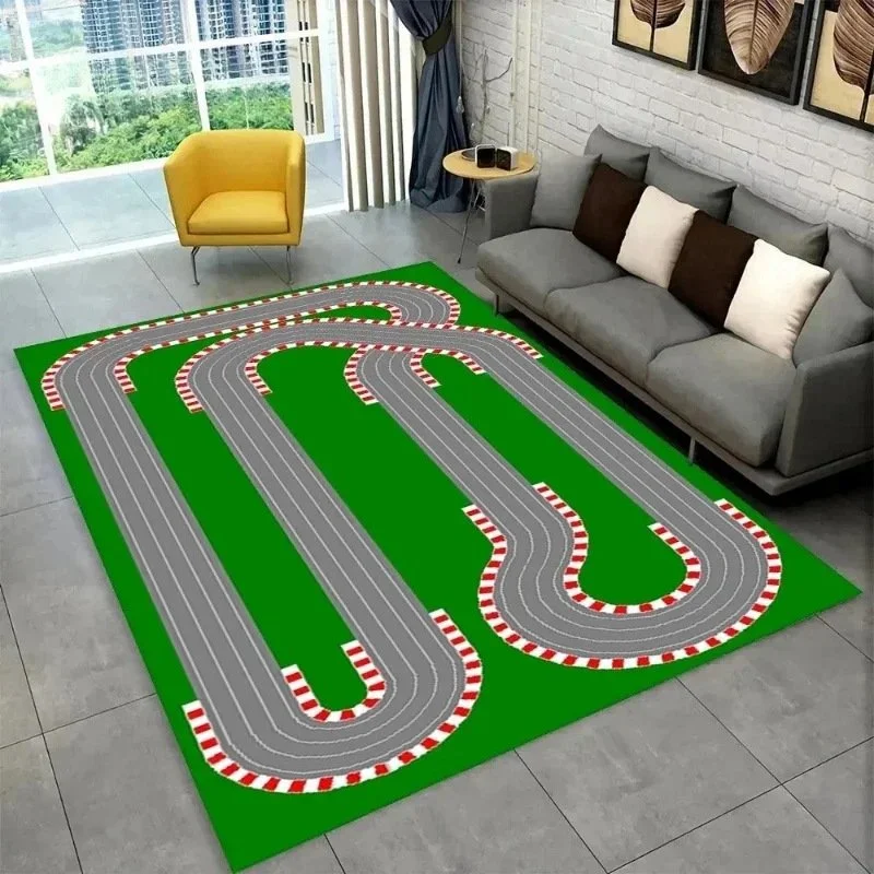 Fun Racing Track Flannel Floor Mat Non-slip Home Decor Rug for Kids Rooms and Play Areas
