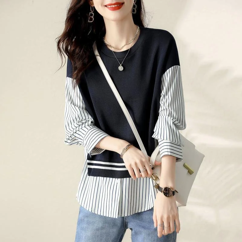 Graceful Striped False Two-Piece Women's Patchwork Sweater