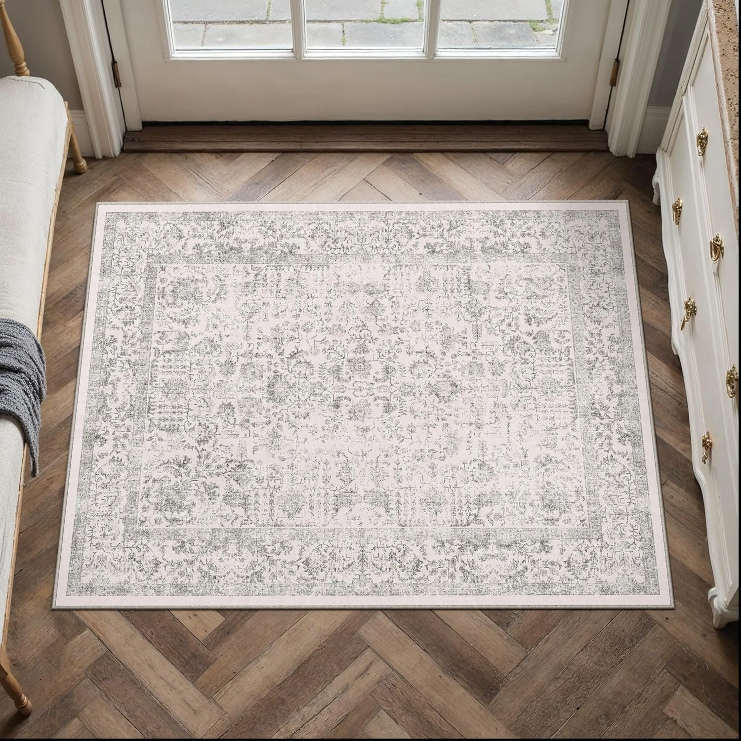Grey Vintage Area Rug 2x3 Ft, Washable Small Entryway Carpet for Bedroom, Living Room, Hallway and Home Decor