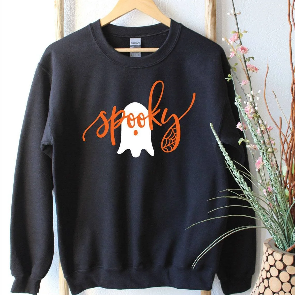 Halloween Spooky Ghost Letter Print Casual Loose Pullover Sweater
